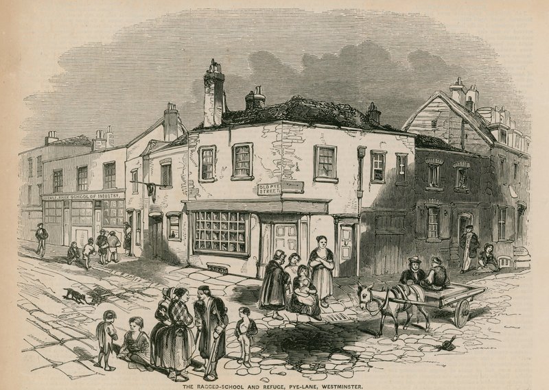 Otrhaná škola a útočiště, Pye Lane, Westminster, Londýn od English School