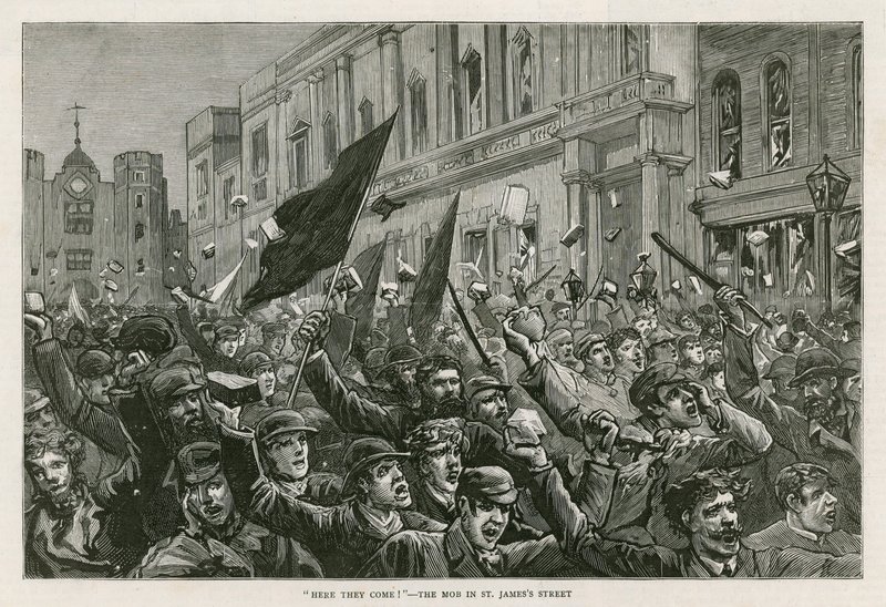 Nepokoje ve West Endu v Londýně, 8. února 1886: Tady oni přicházejí! - Dav v St Jamess Street v Londýně od English School