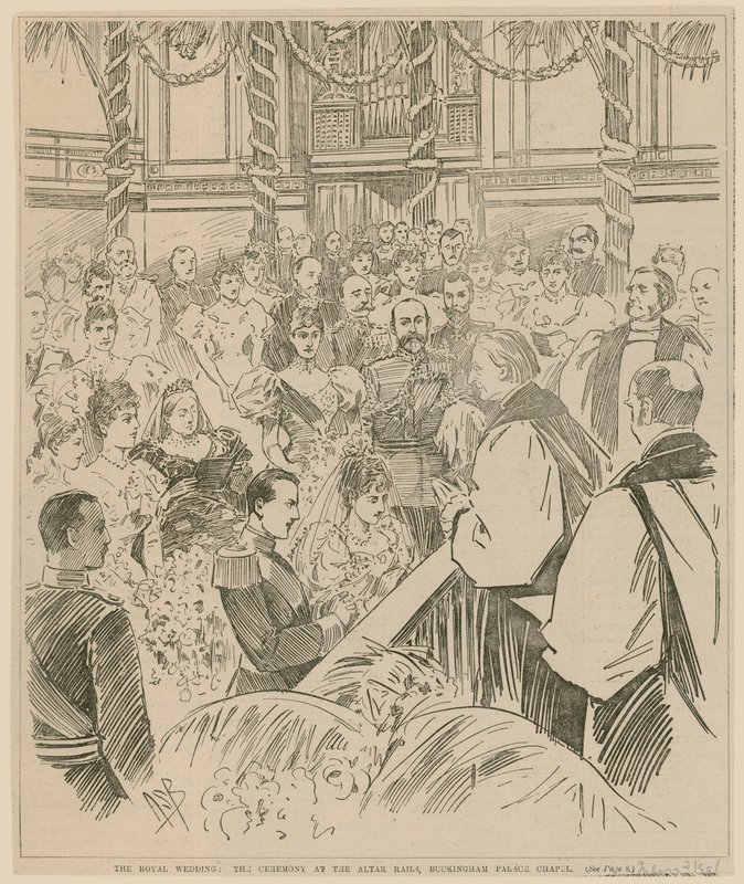 Královská svatba, obřad u oltářních zábradlí, kaple Buckinghamského paláce, 23. července 1896 od English School