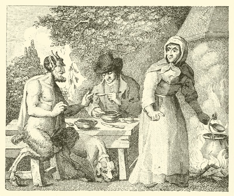 Satyr a poutník (rytina) od English School