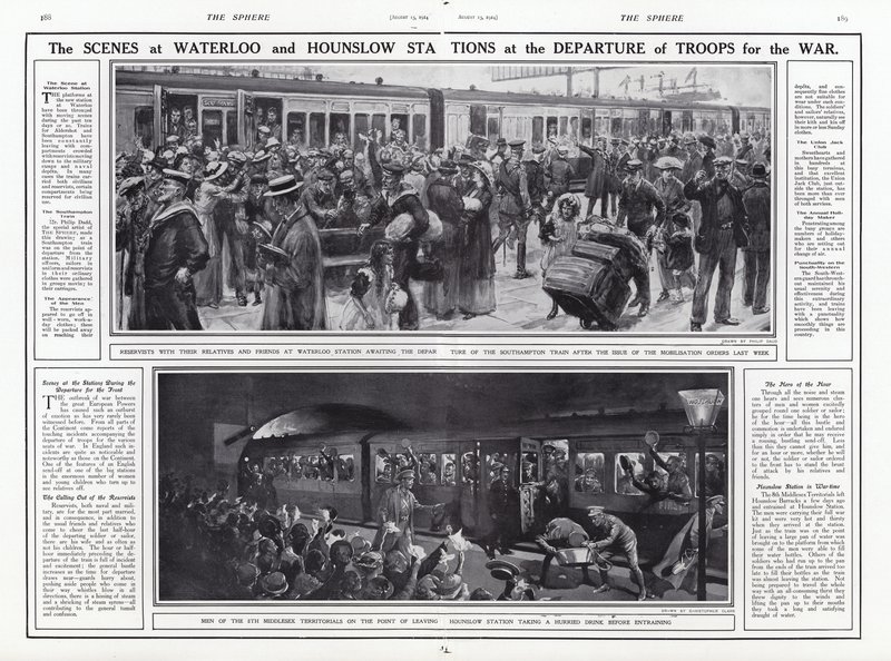 Scény na nádražích Waterloo a Hounslow při odchodu vojsk do války, první světová válka, srpen 1914 od English School