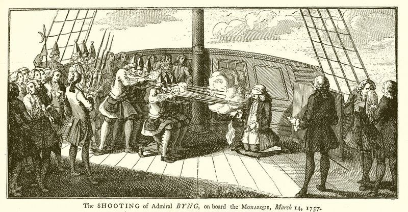 Střelba admirála Bynga na palubě Monarque, 14. března 1757 od English School