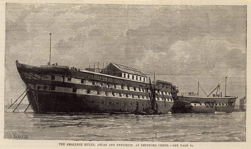 Hulkové neštovic, Atlas a Endymion, v Deptford Creek od English School