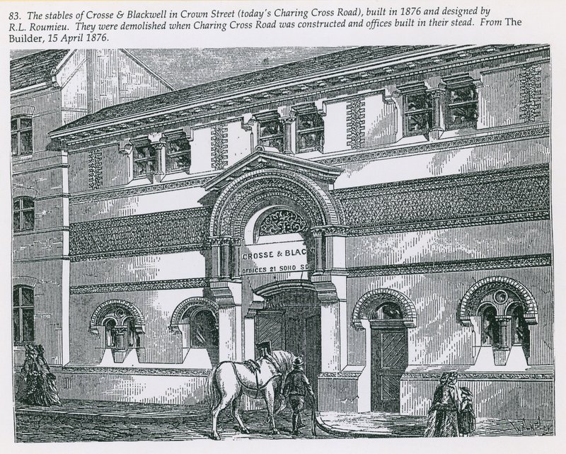 Stáje Crosse & Blackwell v Crown Street (dnes Charing Cross Road) od English School