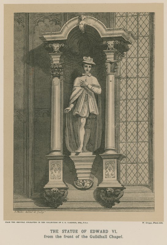 Socha krále Edwarda VI z přední části kaple Guildhall od English School