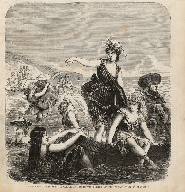 Syrens of the sea, skica hezkých koupajících se na francouzském pobřeží v Trouville od English School