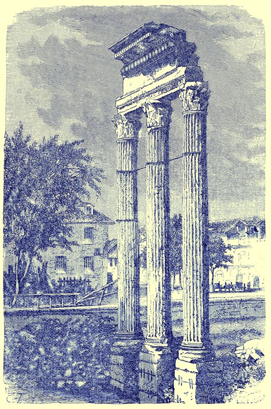 Tři sloupy v Castorově chrámu, ilustrace z Dějiny Říma od Victora Duruye, publikované v roce 1884 (digitálně vylepšený obrázek) od English School