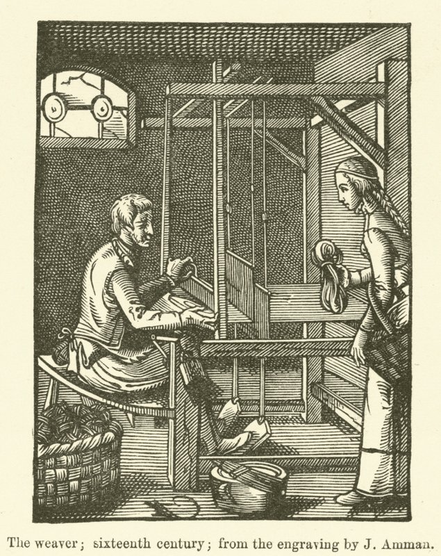 Tkadlec, šestnácté století, z rytiny J Ammana (rytina) od English School