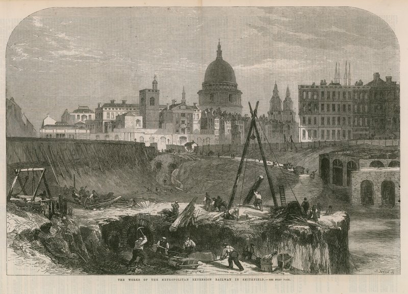 Práce Metropolitan Extension Railway ve Smithfieldu od English School
