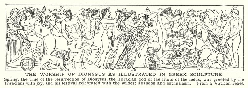 Uctívání Dionýsa, jak je znázorněno v řeckém sochařství (litho) od English School