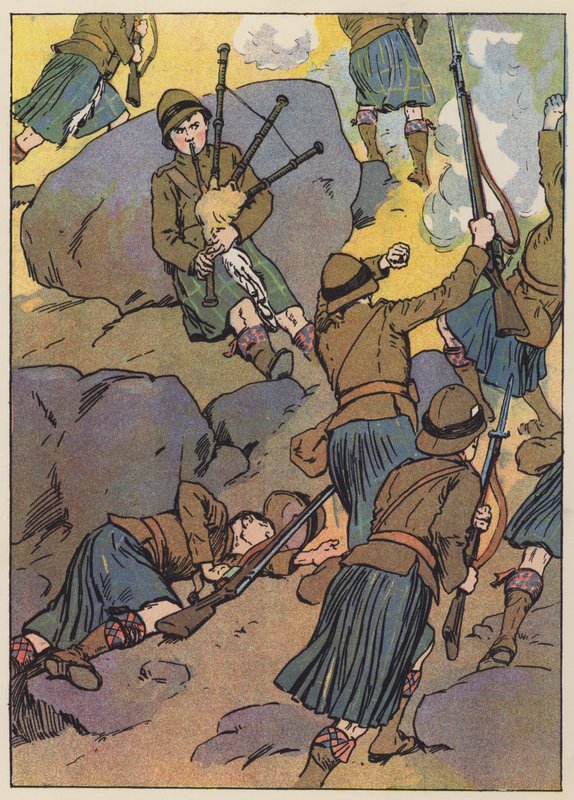 Zraněný dudák hraje vojákům na vítězství (barevná litografie) od English School