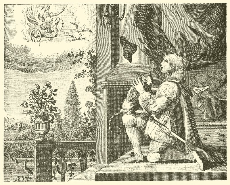 Mladík a jeho kočka (rytina) od English School
