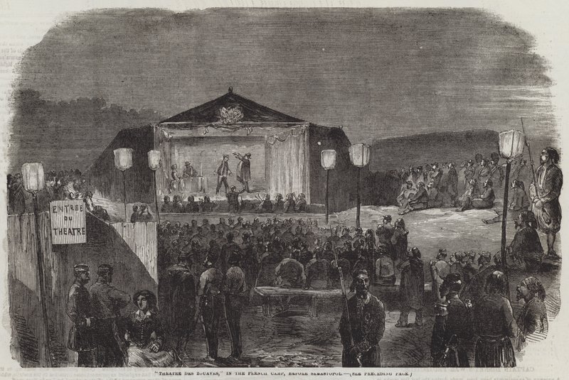"Zouaves Theatre" ve francouzském táboře před Sebastopolem (rytina) od English School