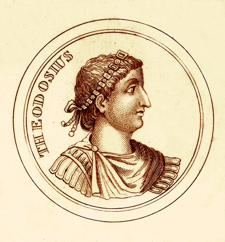 Theodosius, ilustrace z knihy The Universal Historical Dictionary od George Crabba, vydané v roce 1825 (digitálně upravený obrázek) od English School