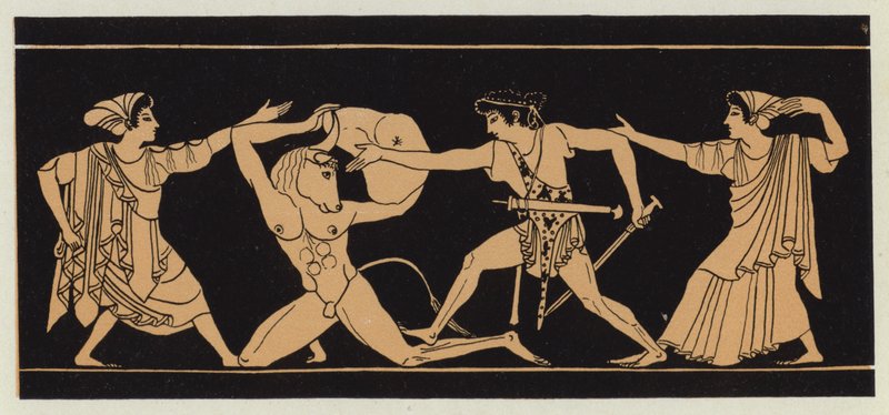 Theseus zabíjí Minotaura (barevná litografie) od English School
