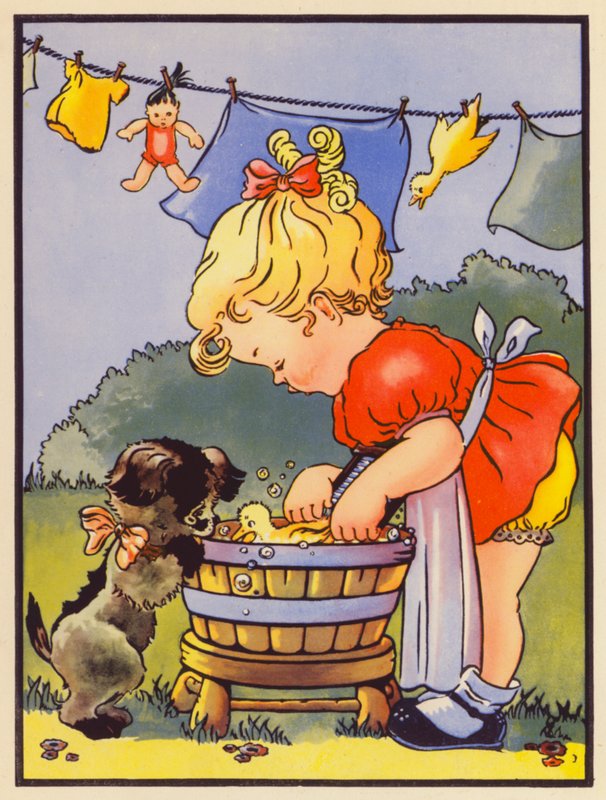 "Takto pereme naše oblečení" (barevná litografie) od English School