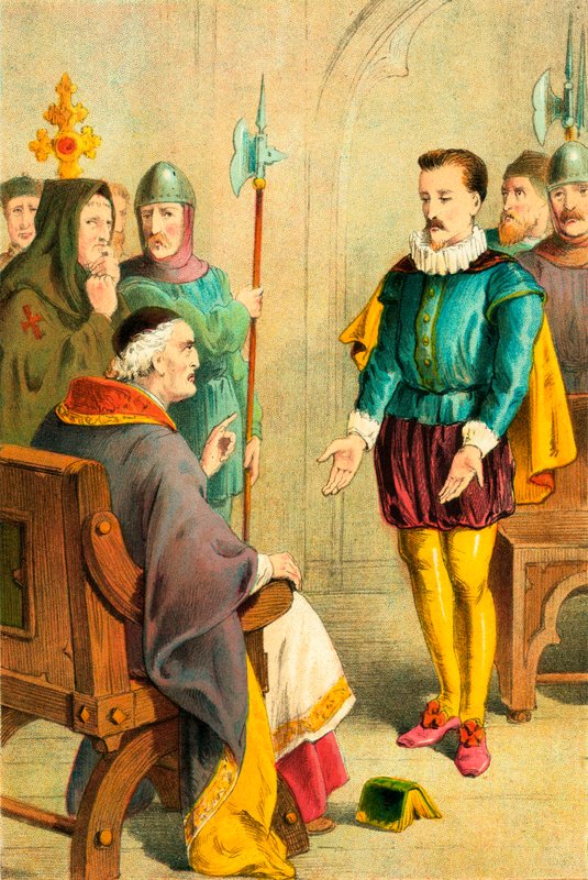 Thomas Hawkes před biskupem Bonnerem od English School