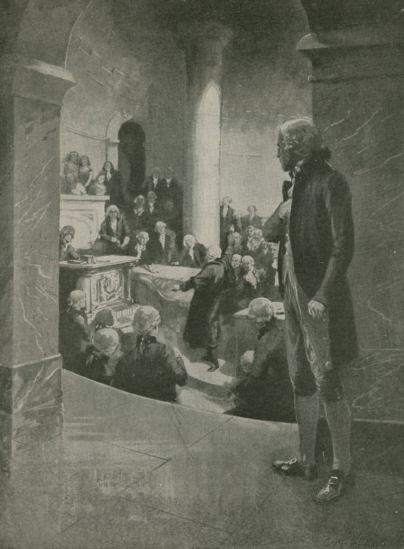 Thomas Jefferson poslouchá projev o vlastizradě od English School