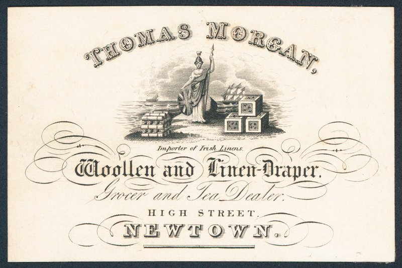 Thomas Morgan, soukeník vlny a lnu, obchodník s potravinami a čaj, obchodní karta od English School