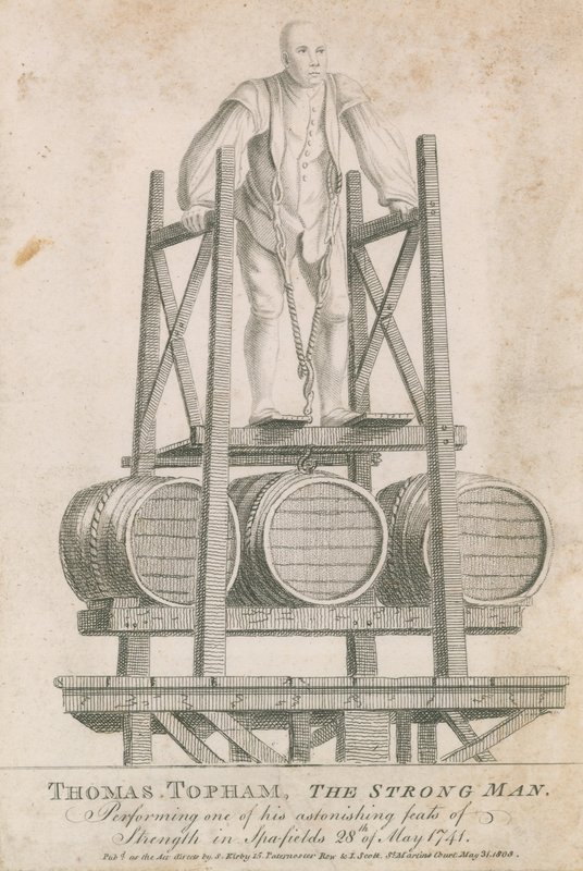 Thomas Topham, silný muž, předvádějící jeden ze svých úžasných výkonů síly ve Spitalfields, 28. května 1741 od English School