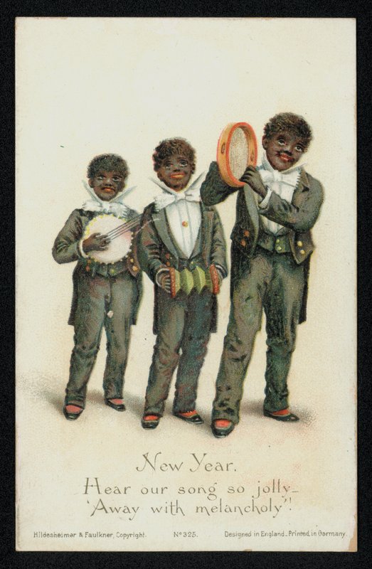 Tři černí chlapci hrající na hudební nástroje, novoroční přání (chromolitho) od English School