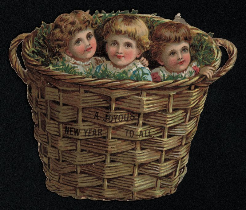 Tři děti v košíku, novoroční přání. (chromolitho) od English School
