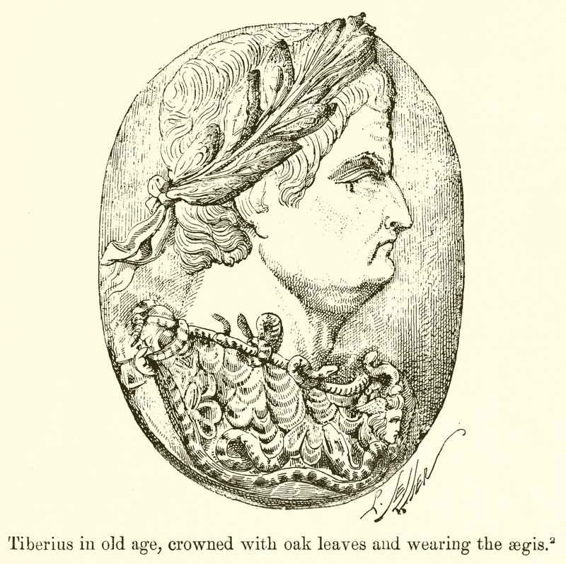 Tiberius ve stáří, korunovaný dubovými listy a nosící Egídu od English School