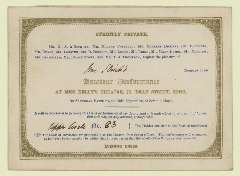 Vstupenka na amatérské dramatické představení Charlese Dickense, 1845 od English School