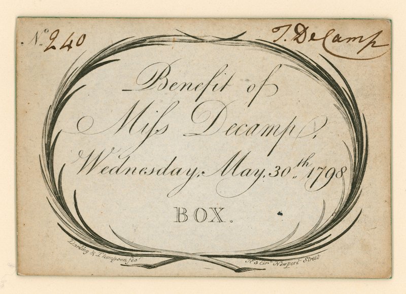 Vstupenka do divadla Drury Lane, Londýn: Benefit of Miss Decamp, 30. května 1798 od English School