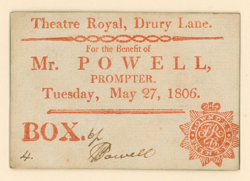 Vstupenka do divadla Drury Lane, Londýn: Ve prospěch pana Powella, prompter, 27. května 1806 od English School
