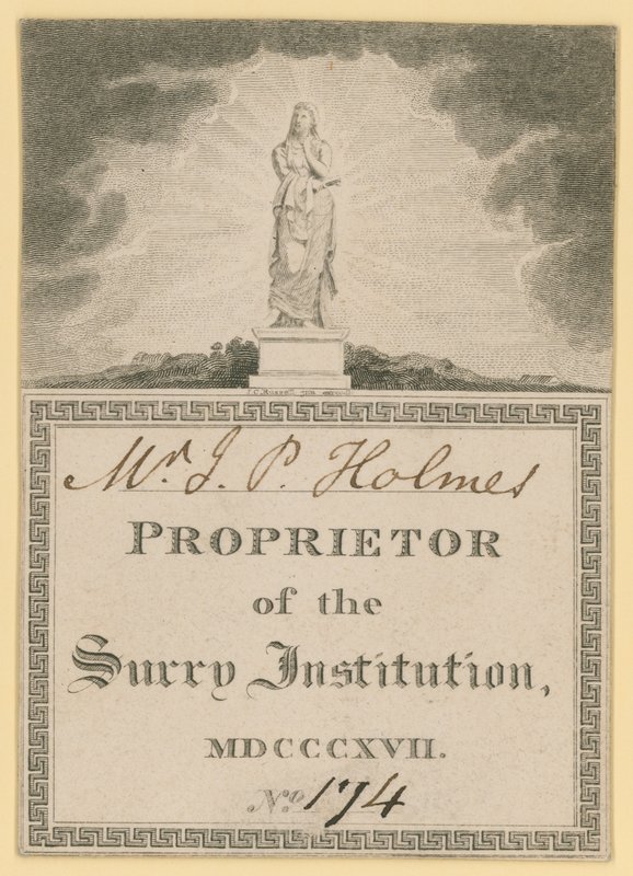 Vstupenka pro majitele Surrey Institution z roku 1817 od English School