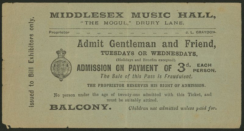 Vstupenka do Middlesex Music Hall, The Mogul, Drury Lane, Londýn od English School