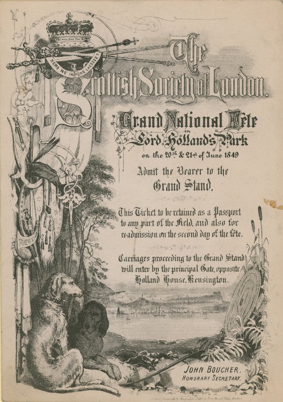 Vstupenka na Grand National Fete španělské společnosti v Londýně v parku Lord Hollands od English School