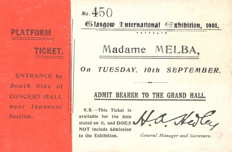 Vstupenka k poslechu Nellie Melba na mezinárodní výstavě v Glasgow, 1901 (tisk) od English School