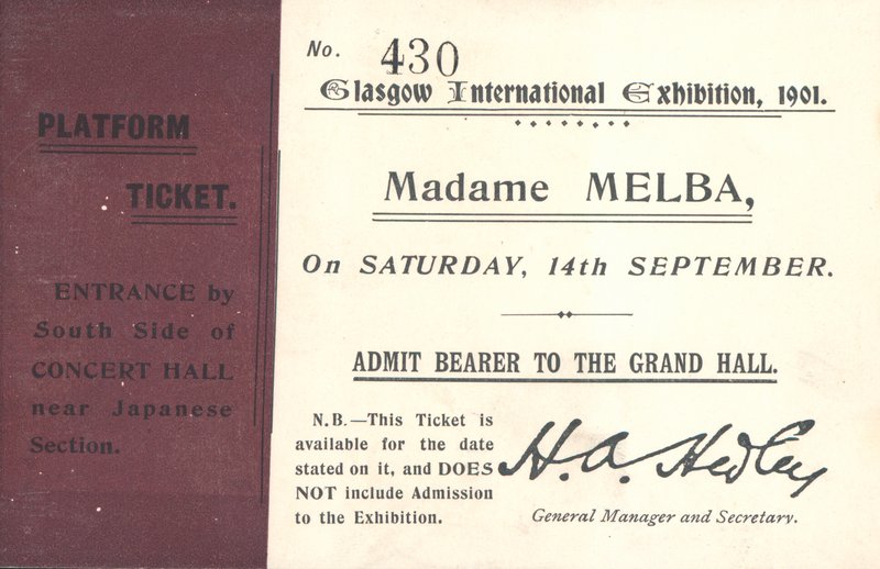 Vstupenka k poslechu Nellie Melba na mezinárodní výstavě v Glasgow, 1901 (tisk) od English School