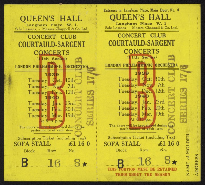Vstupenka na koncerty Courtauld-Sargent, Queens Hall, Langham Place, Londýn, 1939-1940 od English School