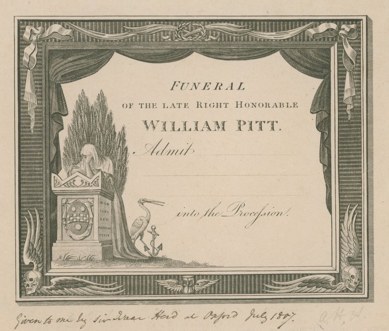 Vstupenka na pohřeb zesnulého Williama Pitta od English School