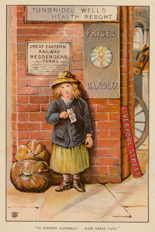 „Do Stepney Causeway, s velkou péčí“ (barevné lito) od English School
