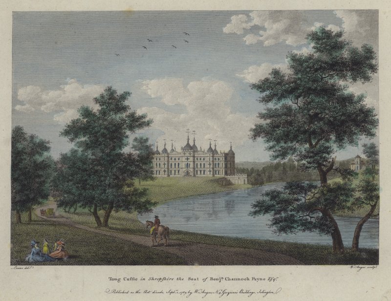 Hrad Tong, Shropshire, sídlo Benjamina Channocka Payna (barevná rytina) od English School