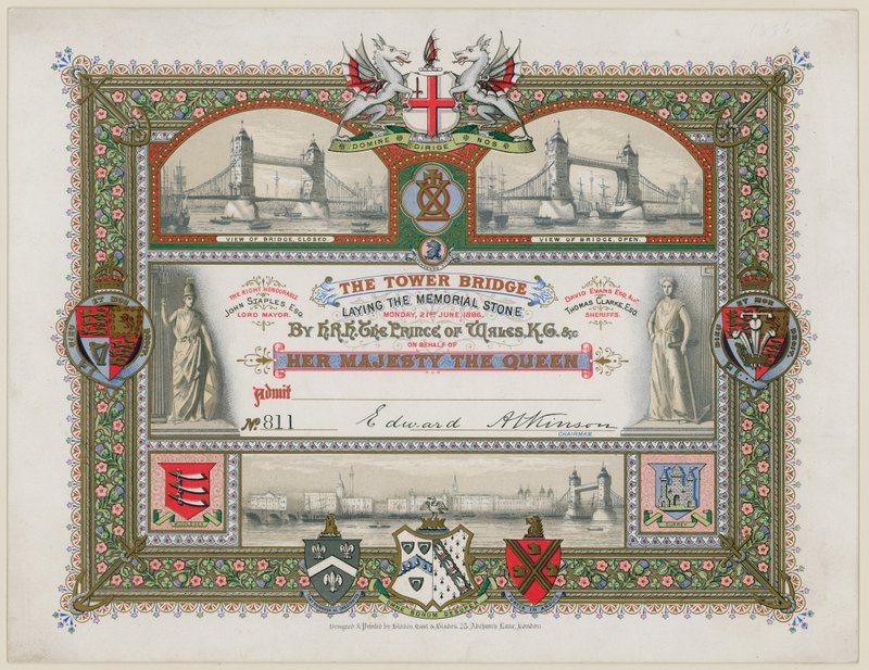 Tower Bridge, Londýn, pozvánka na položení pamětního kamene, 21. června 1886 od English School