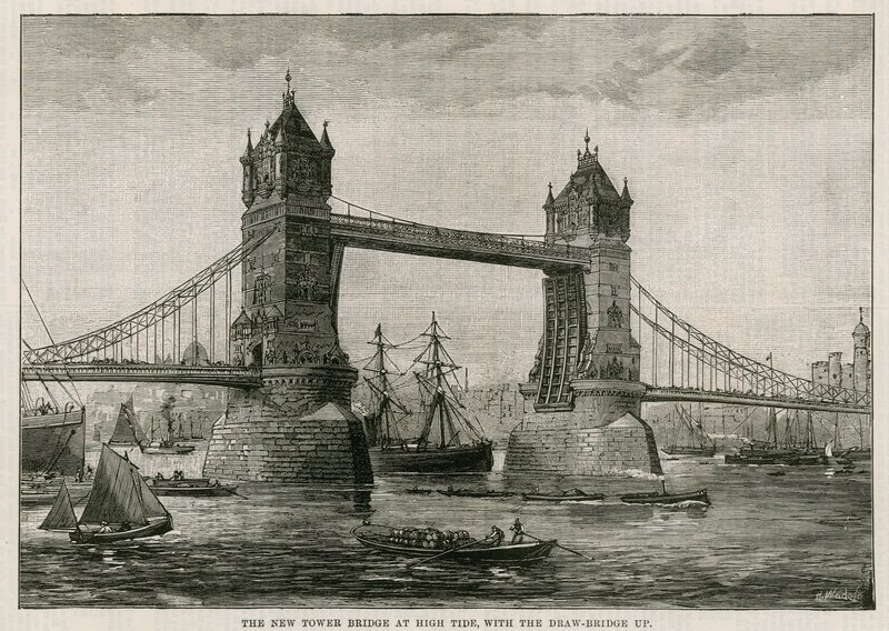 Tower Bridge u přílivu, s padacím mostem nahoru od English School