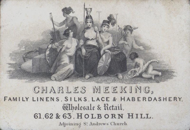 Reklama vizitek Charles Meeking, obchodník s lnem, hedvábím, krajkami a galanterií, Holborn Hill, Londýn (rytina) od English School