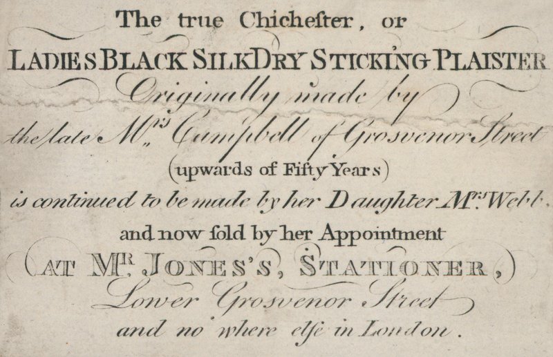 Obchodní karta, pravý Chichester nebo Ladies Black Silk Dry Sticking Plaister od English School