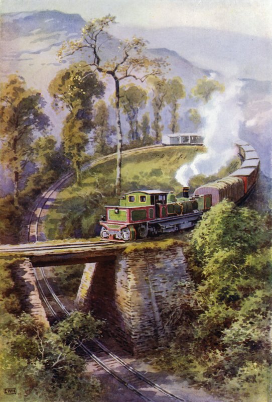 Vlak objíždí Agony Point, smyčku na Darjeeling Himalayan Railway, Indie (barva litho) od English School