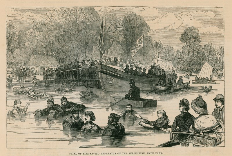 Zkouška život zachraňujícího přístroje na Serpentine, Hyde Park, Londýn od English School