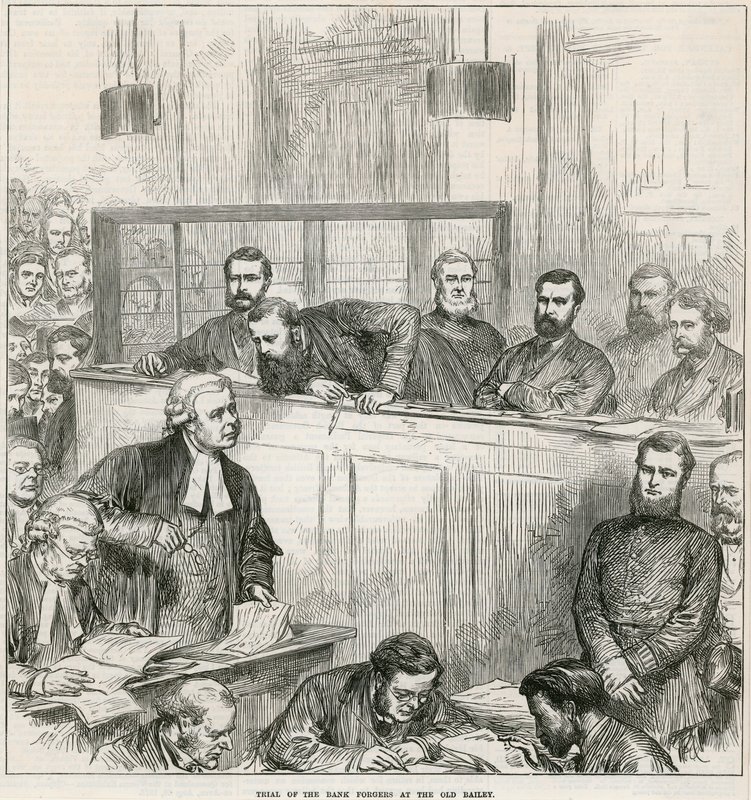Soud s bankovními padělateli v Old Bailey od English School