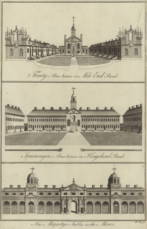 Trinity Almshouses v Mile End Road, Ironmongers Almshouses v Kingsland Road a stáje Jeho Veličenstva v Mews, Londýn od English School