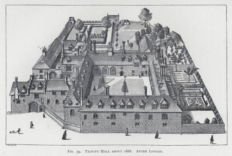 Trinity Hall asi 1688, po Loggan (rytina) od English School