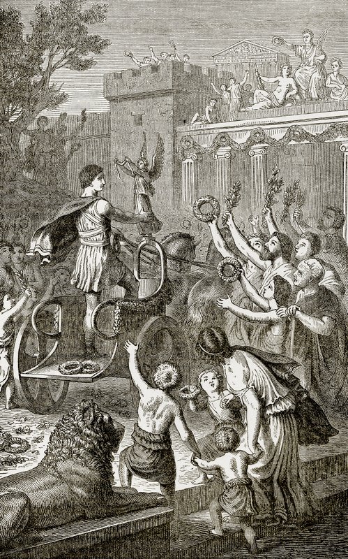 Triumfální návrat olympijského vítěze, ilustrace z Ilustrované historie světa vydané nakladatelstvím Ward Lock, kolem roku 1880 od English School