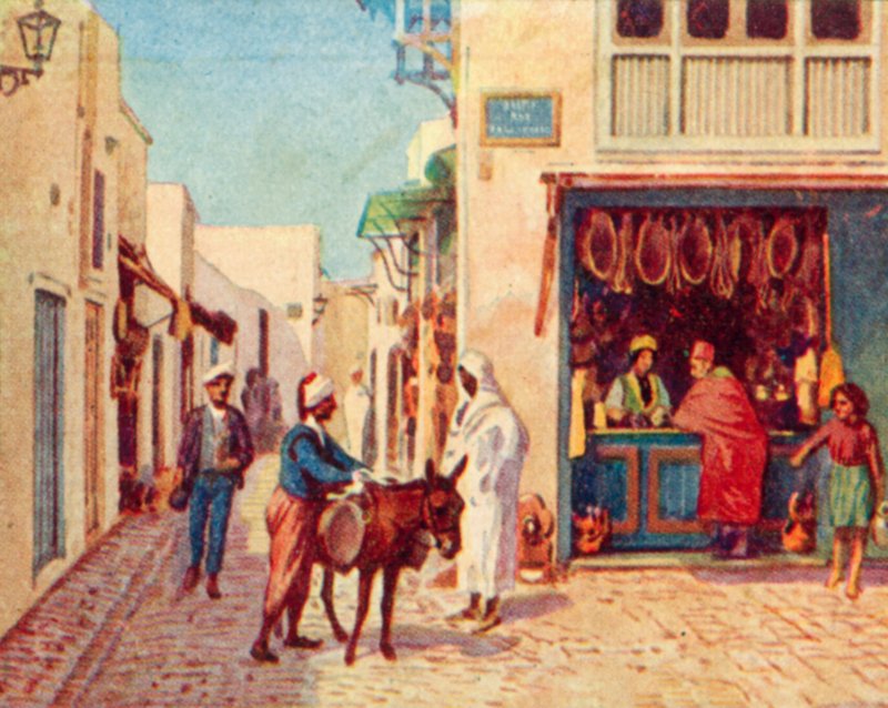 Tunis, ulice v arabském městě (barevná litografie) od English School